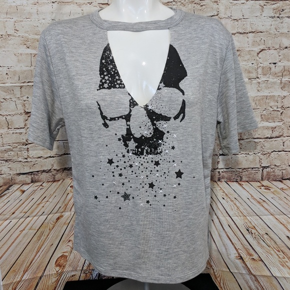  HP 5-20 Skull Stars Graphic Choker Vneck Tee - Picture 3 of 8